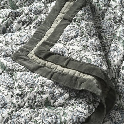 Velvet Trimmed Floral Bed Throw Green