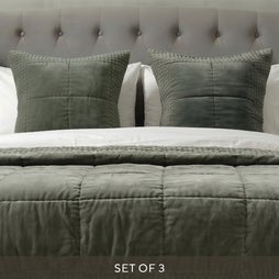 Home Accessories Luxury Cotton Velvet Fern Green Cushion and Bedspread Bundle