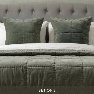Luxury Cotton Velvet Fern Green Cushion and Bedspread Bundle