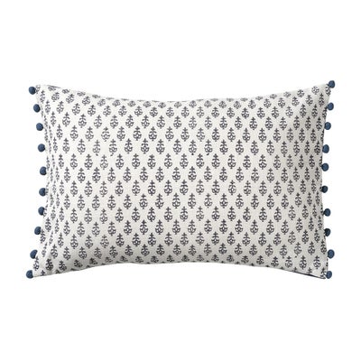 Leaf Block Print Cushion With Pom Poms - Indigo