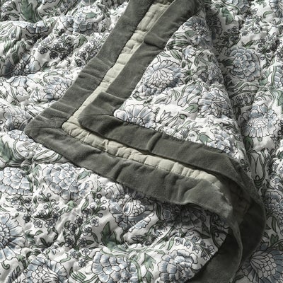 Velvet Trimmed Floral Bed Throw Green