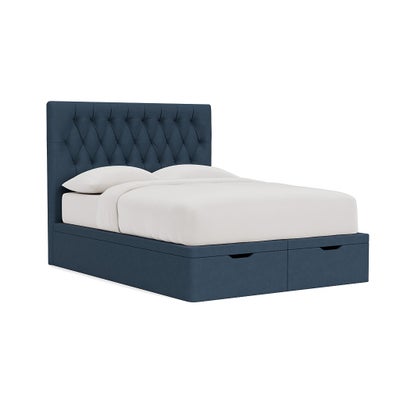 King Size Ottoman Storage Bed - Indigo - House Linen Mix