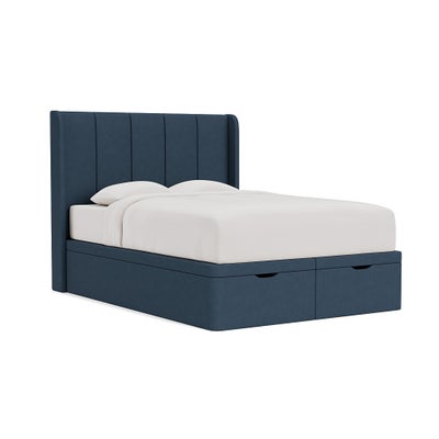 King Size Ottoman Storage Bed - Indigo - House Linen Mix
