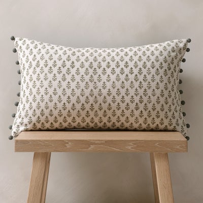 Leaf Block Print Cushion With Pom Poms - Olive