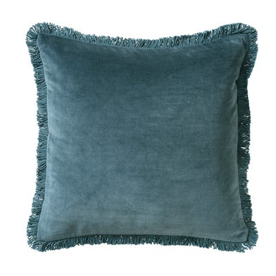 Cotton Velvet Fringed Cushion - Kingfisher