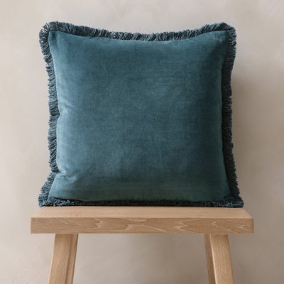 Cotton Velvet Fringed Cushion - Kingfisher