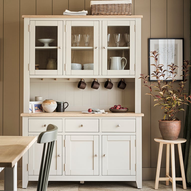 welsh dresser cream A Large Cream Welsh Dresser with Cup Hooks, 3 Drawers with Ceramic Handles  and Ample Storage Space B