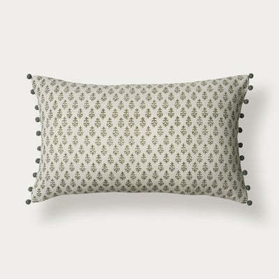 Leaf Block Print Cushion With Pom Poms - Olive