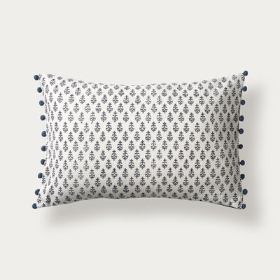Leaf Block Print Cushion With Pom Poms - Indigo