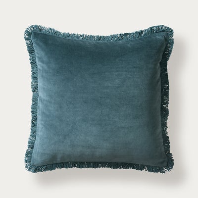 Cotton Velvet Fringed Cushion - Kingfisher