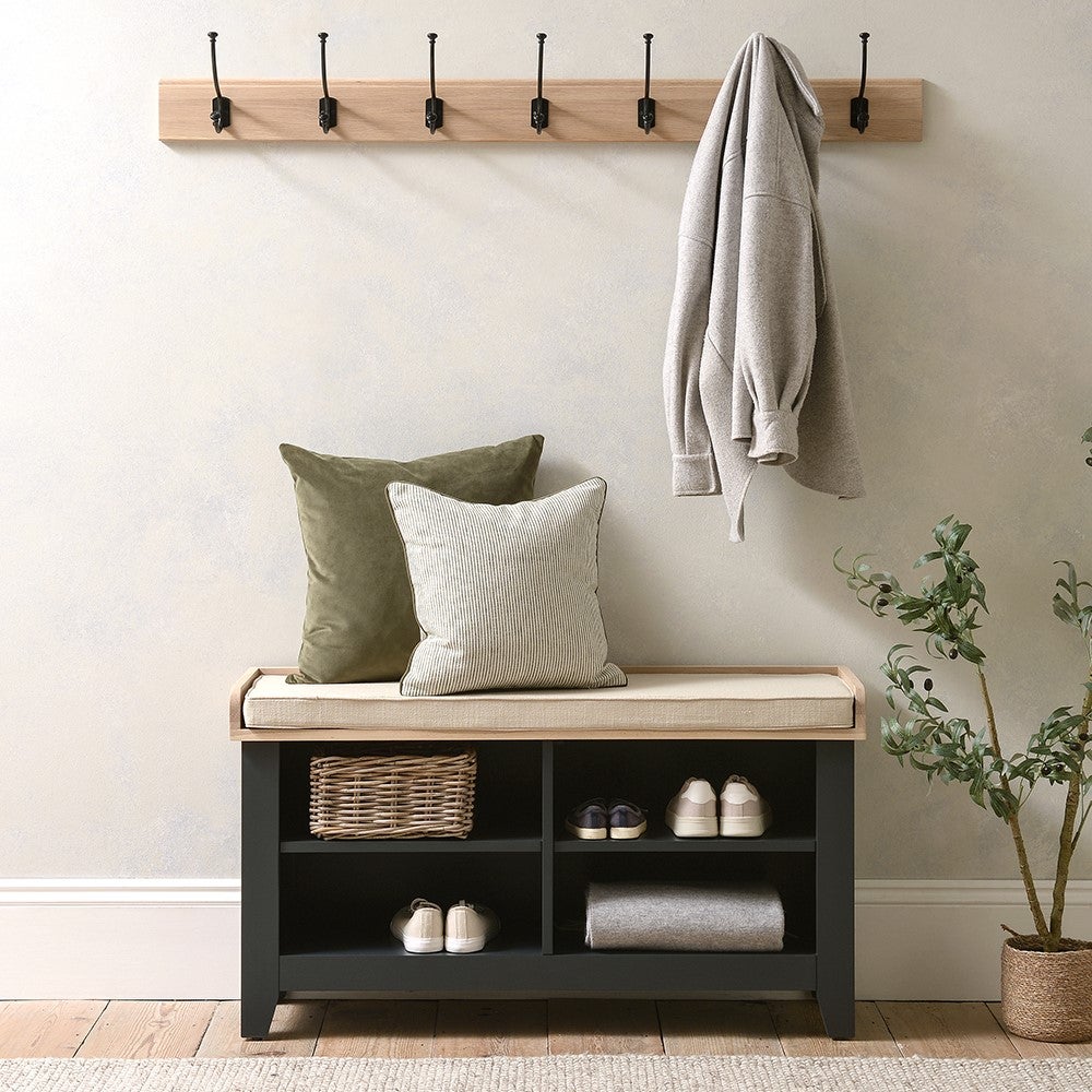 narrow shoe bench with shelf