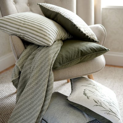 Leaf Block Print Cushion With Pom Poms - Olive