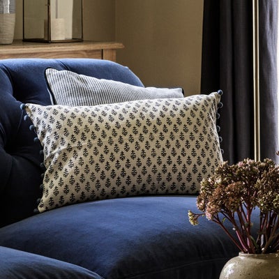 Leaf Block Print Cushion With Pom Poms - Indigo
