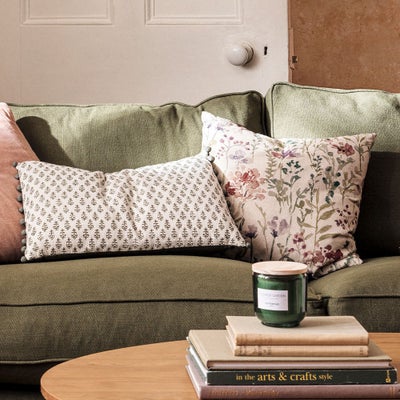 Leaf Block Print Cushion With Pom Poms - Olive