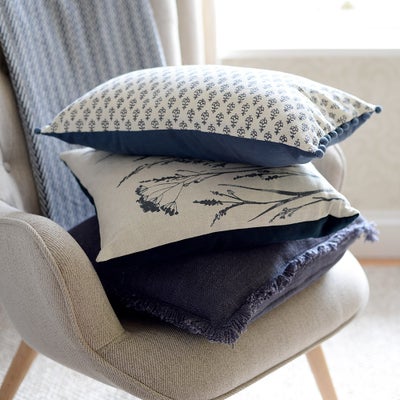 Leaf Block Print Cushion With Pom Poms - Indigo