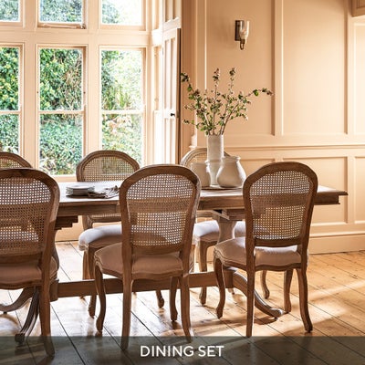 6-10 Seater Extending Dining Table and 6 Rattan Chairs